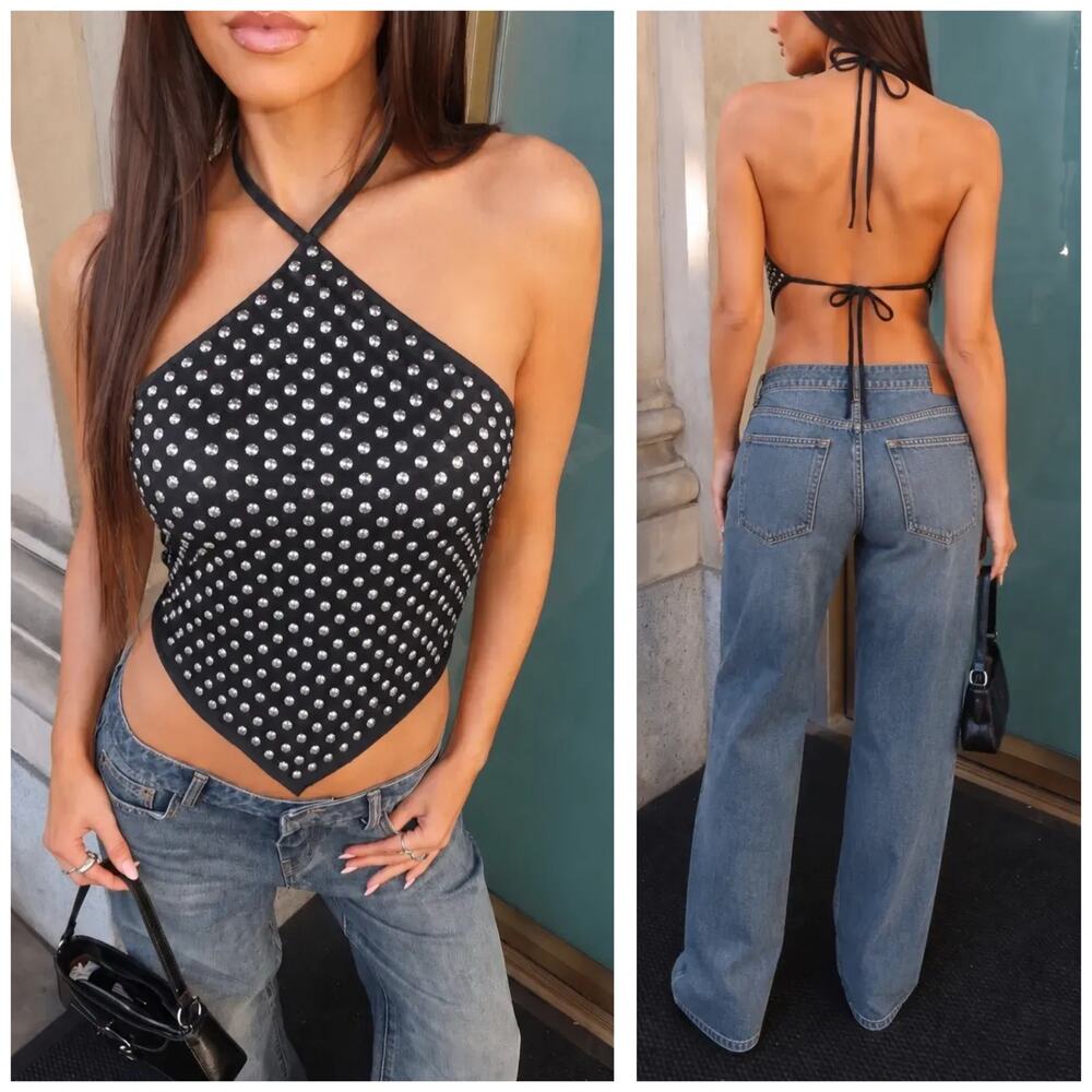 NWT ZARA Black Silver Stud Halter Scarf Top Size Medium 5063/328 Sexy Club